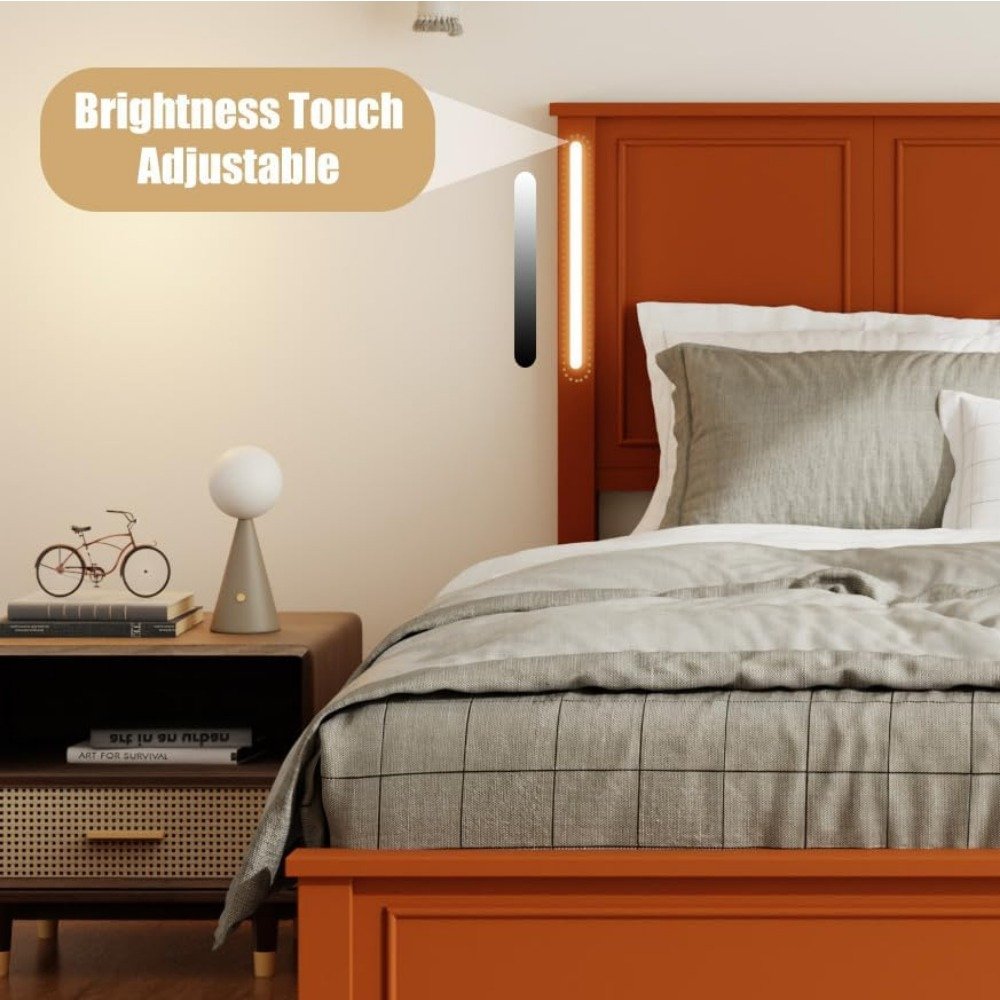 Queen Size Wooden Bed Frame with Headboard, Rustic Platform Bed with LED Lights & Charging Station - DSARD