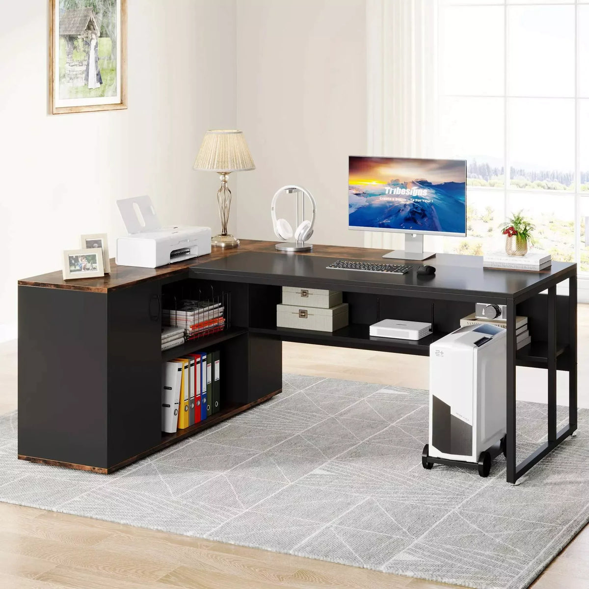 71″ L-Shaped Executive Desk with Storage Cabinet and Shelves - DSARD - DSARD