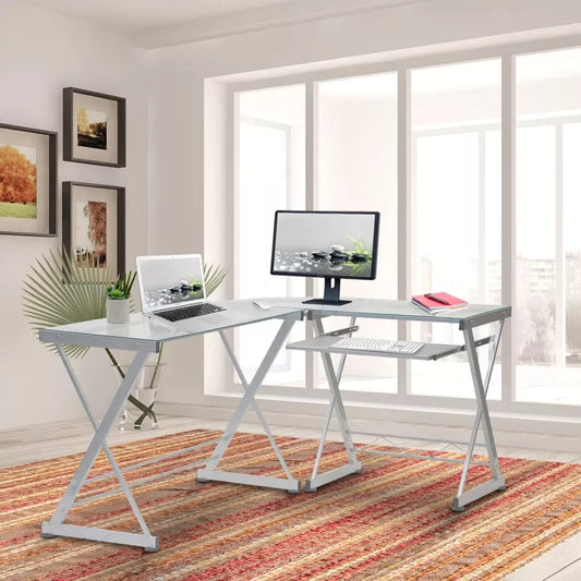 Modern L-Shaped Tempered Glass Computer Desk with Steel Frame and Pull-Out Keyboard Tray - DSARD
