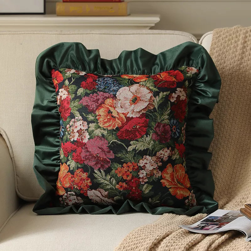 Velvet Ruffle Floral Cushion Cover – Orange & Dark Green Vintage Accent Pillow