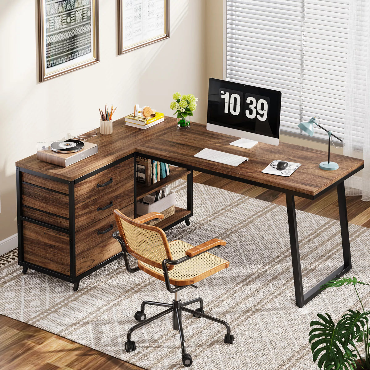Industrial L-Shaped Computer Desk with Drawers and Shelves, 53 Inch Corner Desk - DSARD