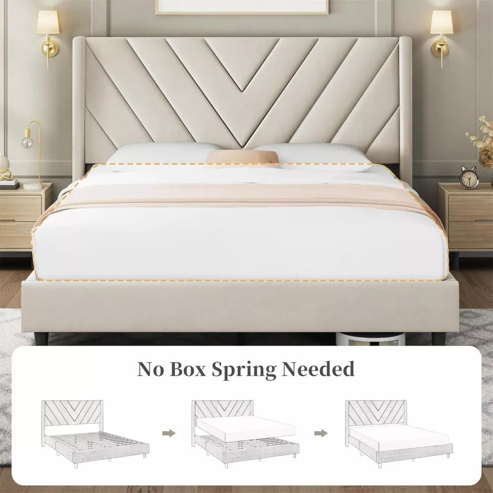 Modern Velvet Upholstered Queen Platform Bed with Wingback Headboard - DSARD