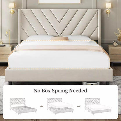 Modern Velvet Upholstered Queen Platform Bed with Wingback Headboard - DSARD