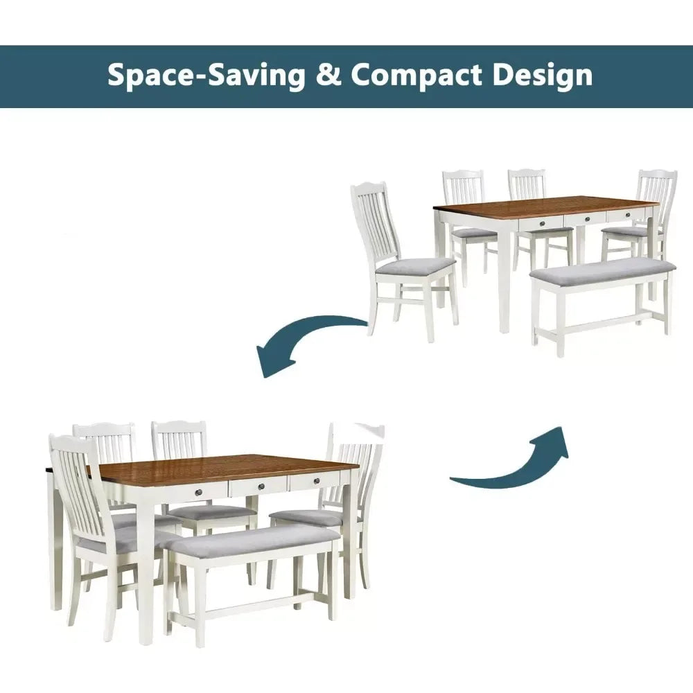 6-Piece Farmhouse Dining Table Set with 4 Upholstered Chairs and Bench - DSARD - DSARD