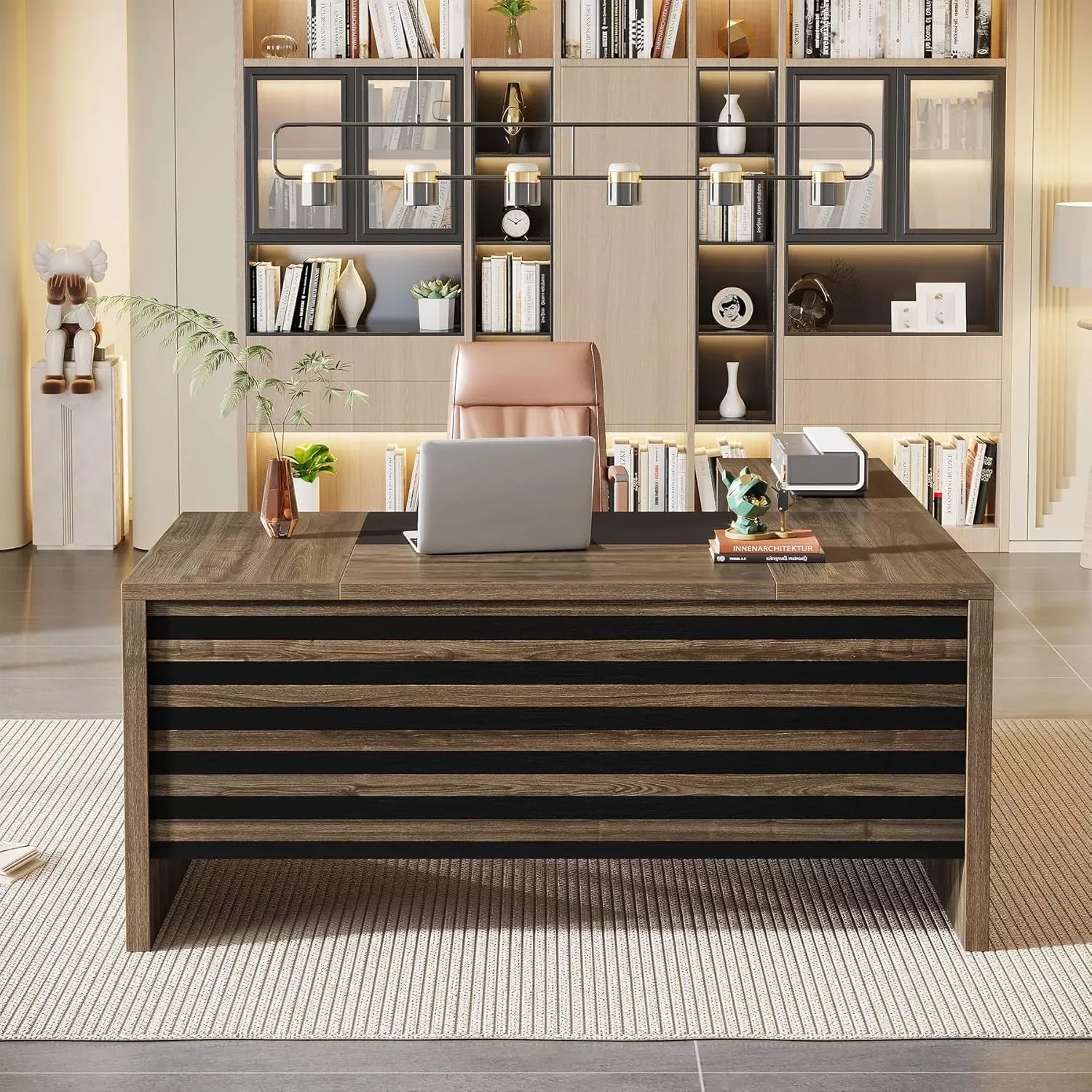 62.2″ L-Shaped Executive Desk with Mobile File Cabinet and Storage Shelves - DSARD - DSARD