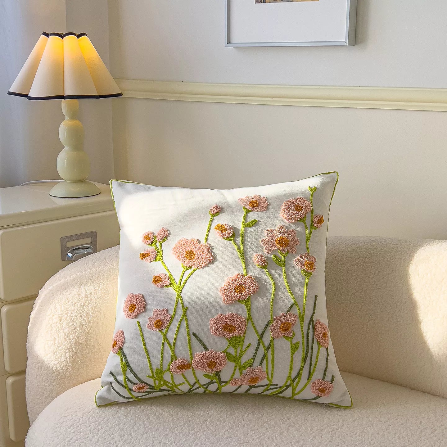 Floral Embroidered Cotton Pillow Cover 18×18 Inch – Cozy Decorative Cushion Case