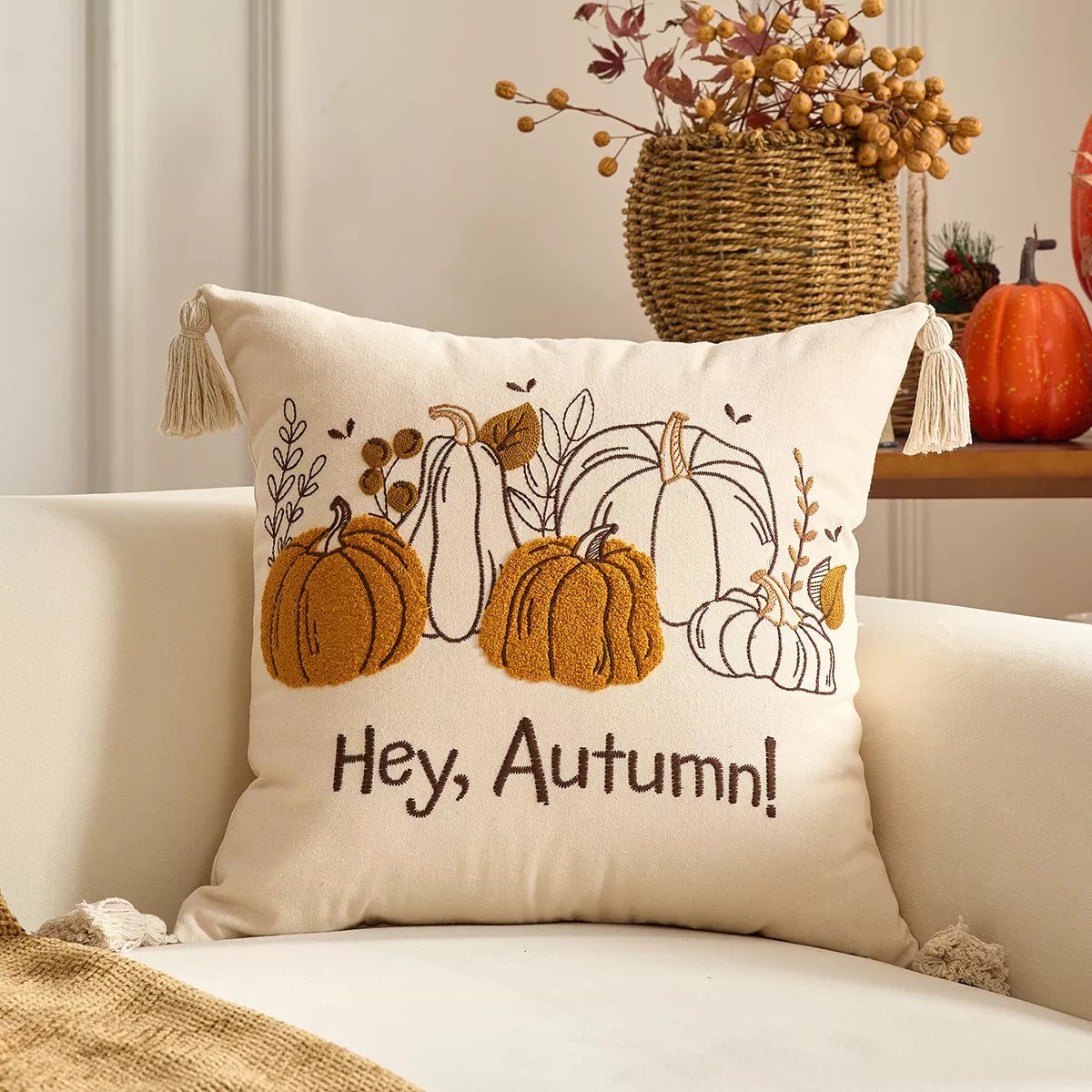 Autumn Pumpkin Embroidered Cushion Covers with Ruffles – Fall Decor