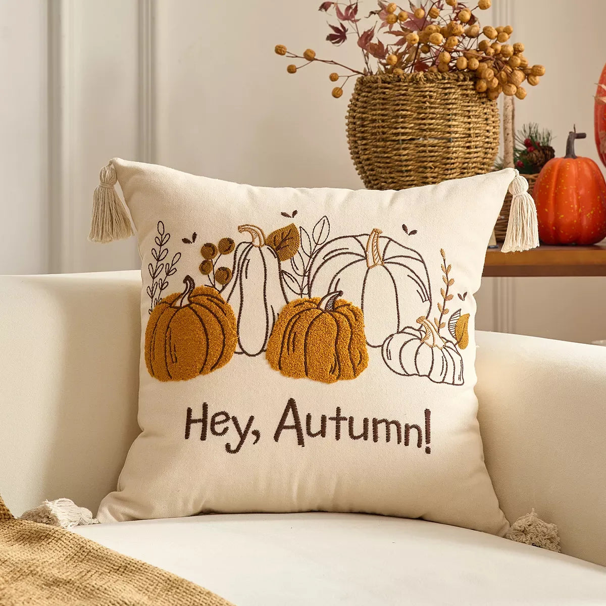 Autumn Pumpkin Embroidered Cushion Covers with Ruffles – Fall Decor - DSARD