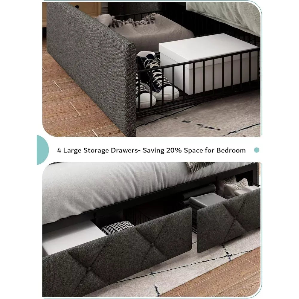 King Size Bed Frame with 4 Storage Drawers, Wingback Headboard & Charging Station - DSARD
