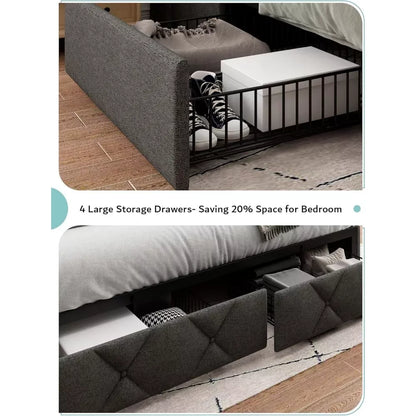 King Size Bed Frame with 4 Storage Drawers, Wingback Headboard & Charging Station - DSARD