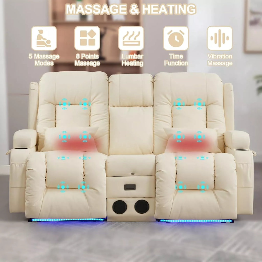 Power Reclining Loveseat with Massage, Heat & LED – Home Theater Chaise Sofa - DSARD