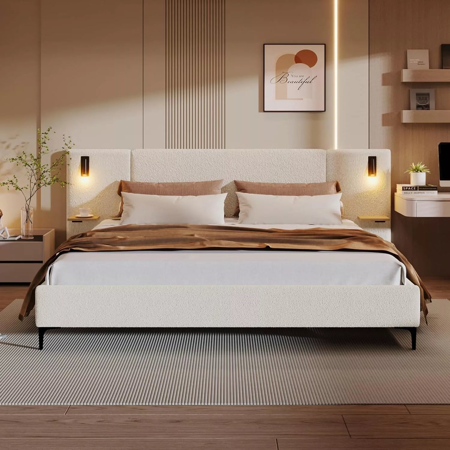 Modern Upholstered Bed Frame with Boucle Headboard, Storage & LED Lights - DSARD