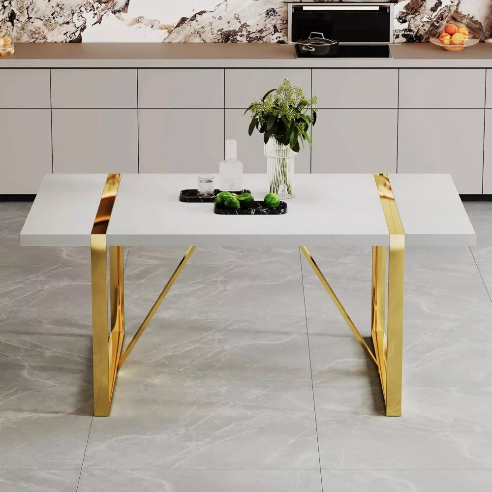 White Modern Dining Table 71″ for 6-8, MDF Top with Gold Stainless Steel Legs - DSARD