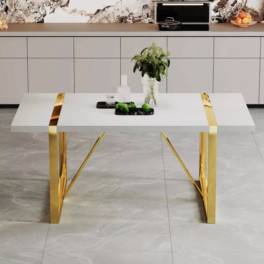 White Modern Dining Table 71″ for 6-8, MDF Top with Gold Stainless Steel Legs - DSARD
