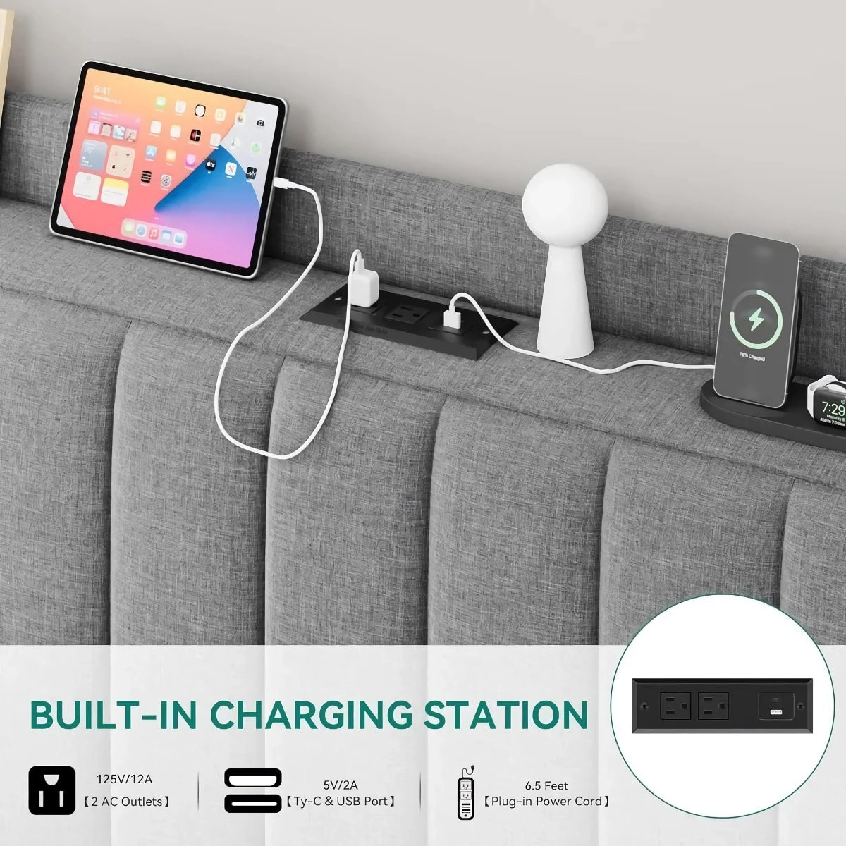 Queen LED Floating Bed Frame with USB & USB-C Charging Ports