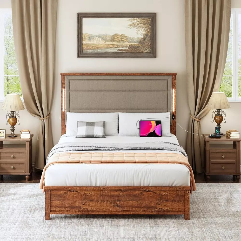 Queen Bed Frame with Tall Linen Headboard, LED Light & Charging Station - DSARD
