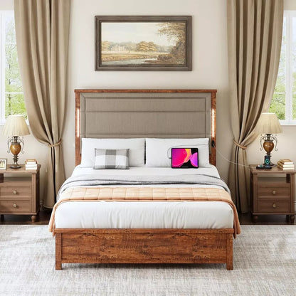 Queen Bed Frame with Tall Linen Headboard, LED Light & Charging Station - DSARD