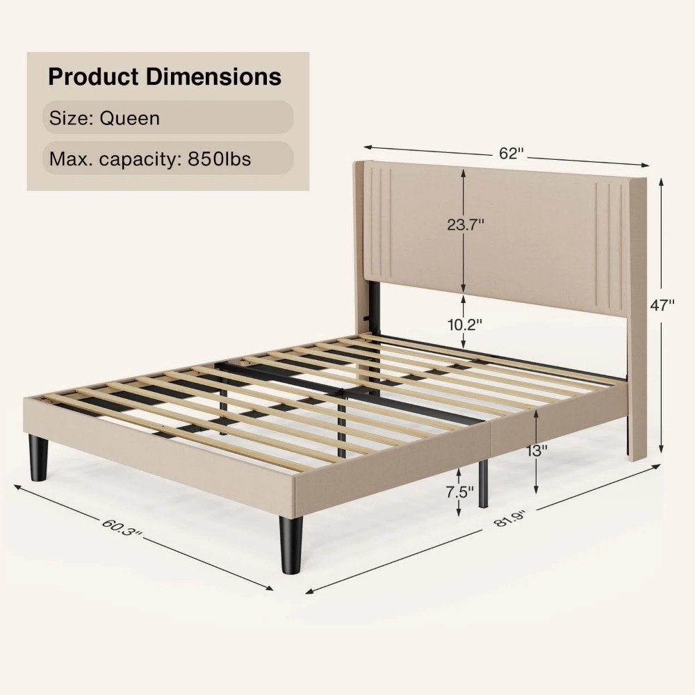 Modern Queen Bedroom Furniture Set with Wingback Bed Frame and 2 Premium Nightstands