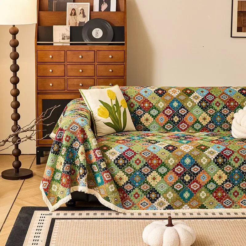Boho Color Plaid Jacquard Sofa Cover – Elegant All-Season Blanket - DSARD