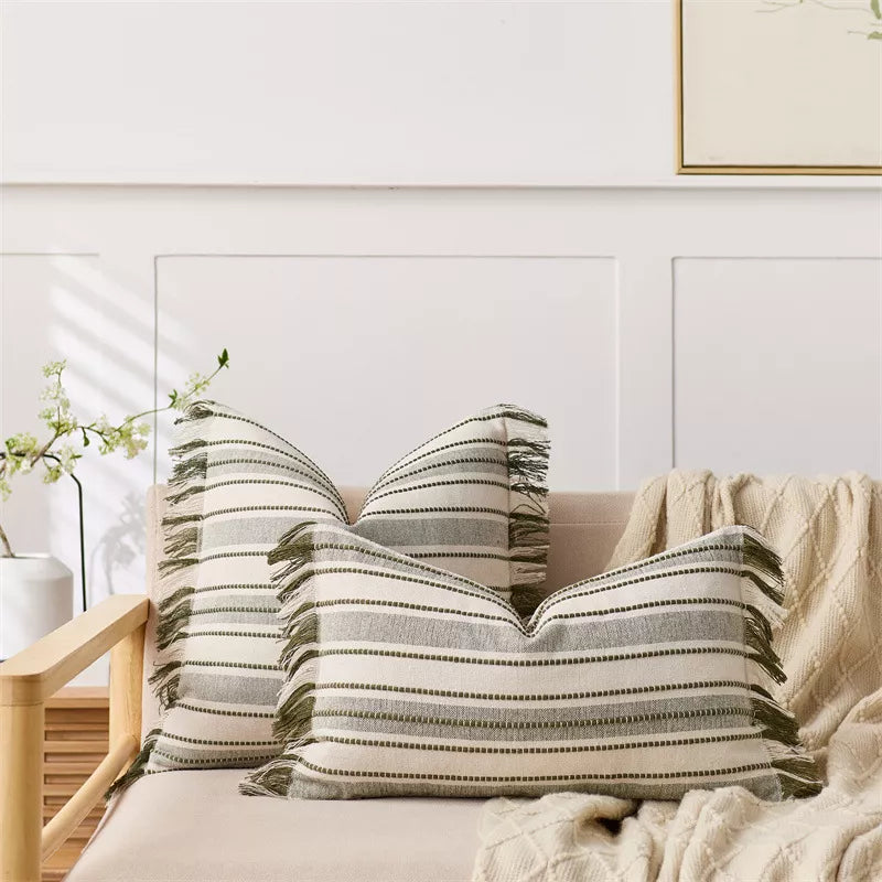 Striped Jacquard Tassel Pillow Cover – Cozy Cotton Blend Cushion for Home Décor