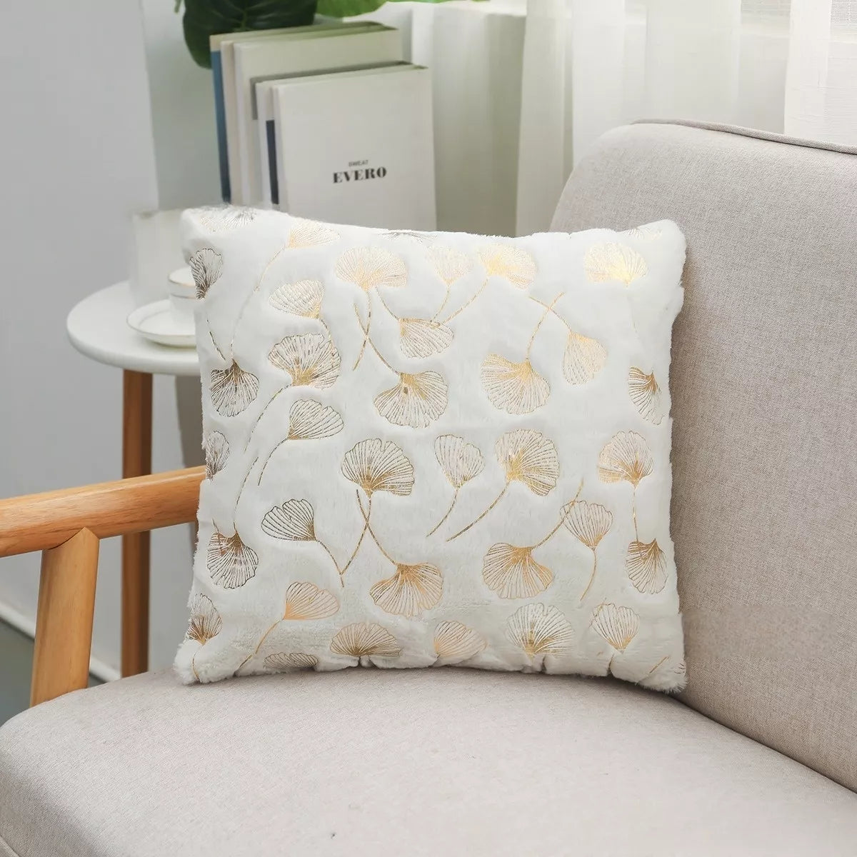 Golden Plush Ginkgo Leaf Cushion Cover 16.5×16.5in