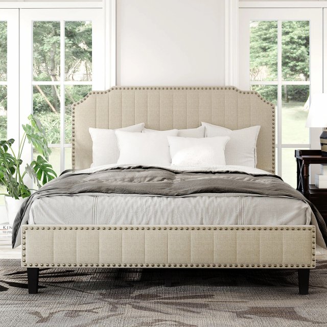Linen Platform Bed with Nailhead Trim – Modern Upholstered Queen