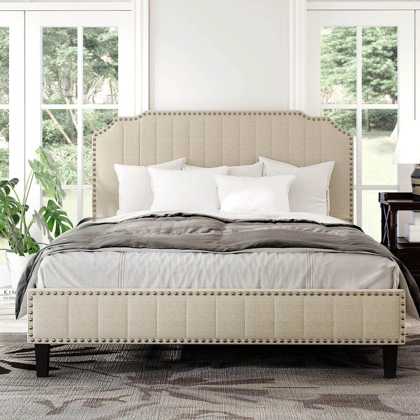 Modern Linen Upholstered Platform Bed with Nailhead Trim - DSARD