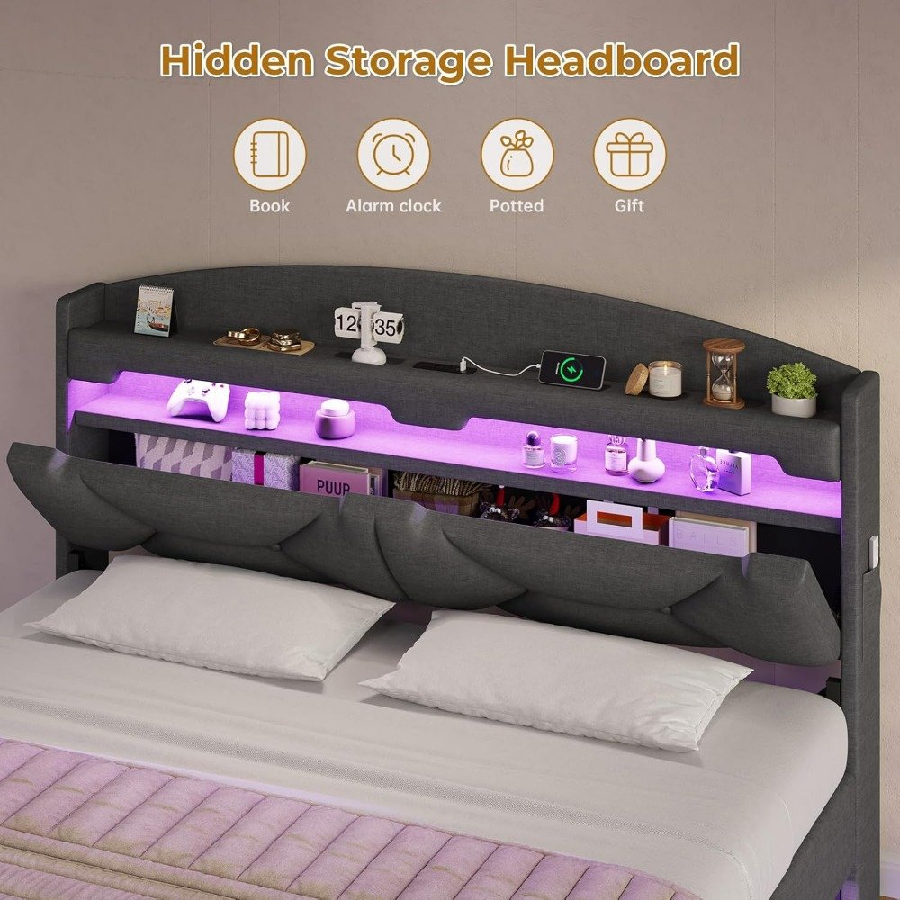 Queen Size Floating Bed Frame with Charging Station and LED Lights, Upholstered Platform - DSARD