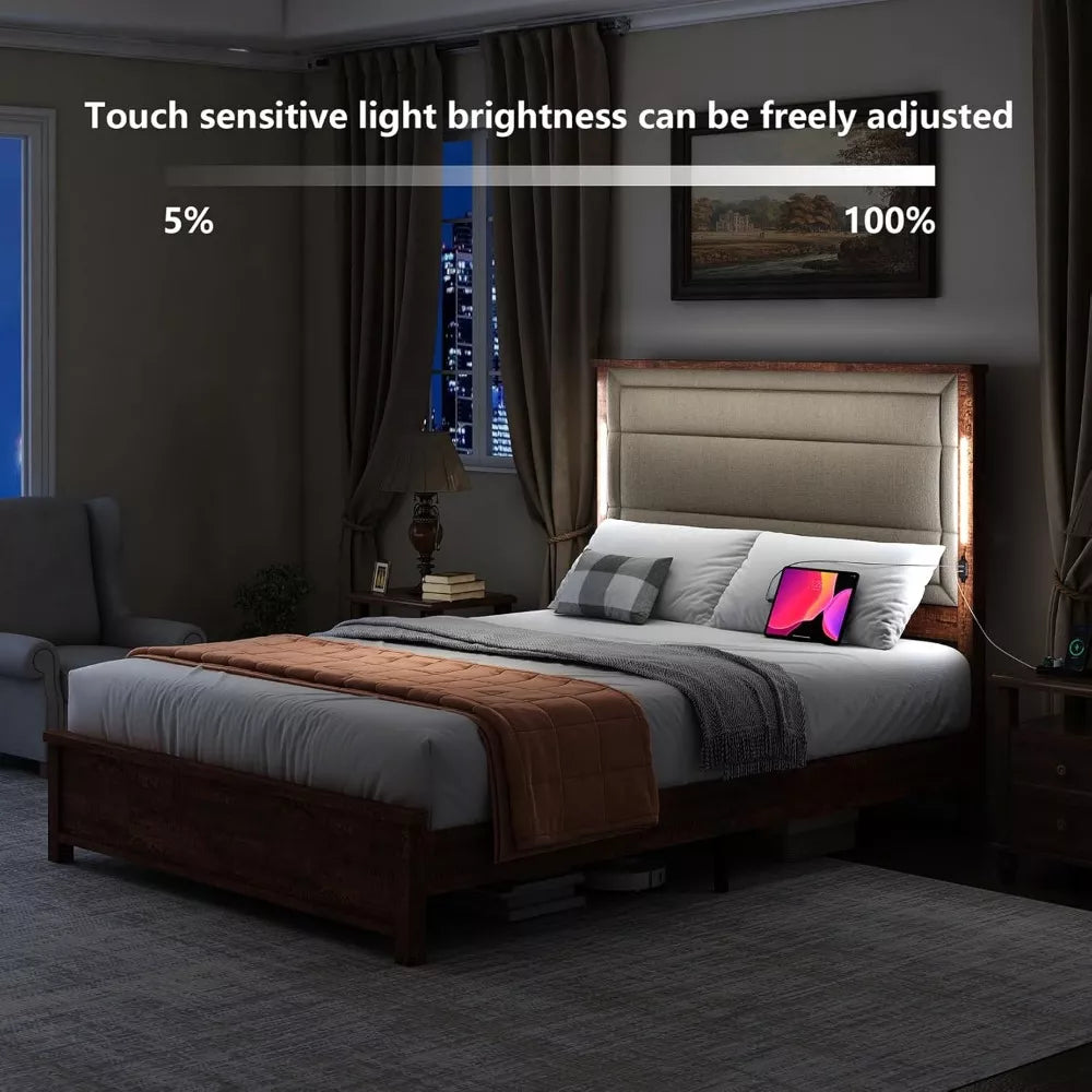 Queen Bed Frame with Tall Linen Headboard, LED Light & Charging Station - DSARD