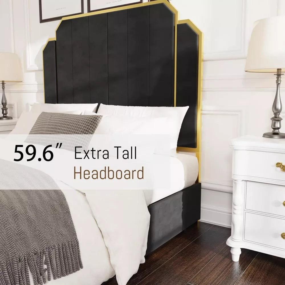 Queen Velvet Bed with 59" High Headboard, Gold Accent & Storage