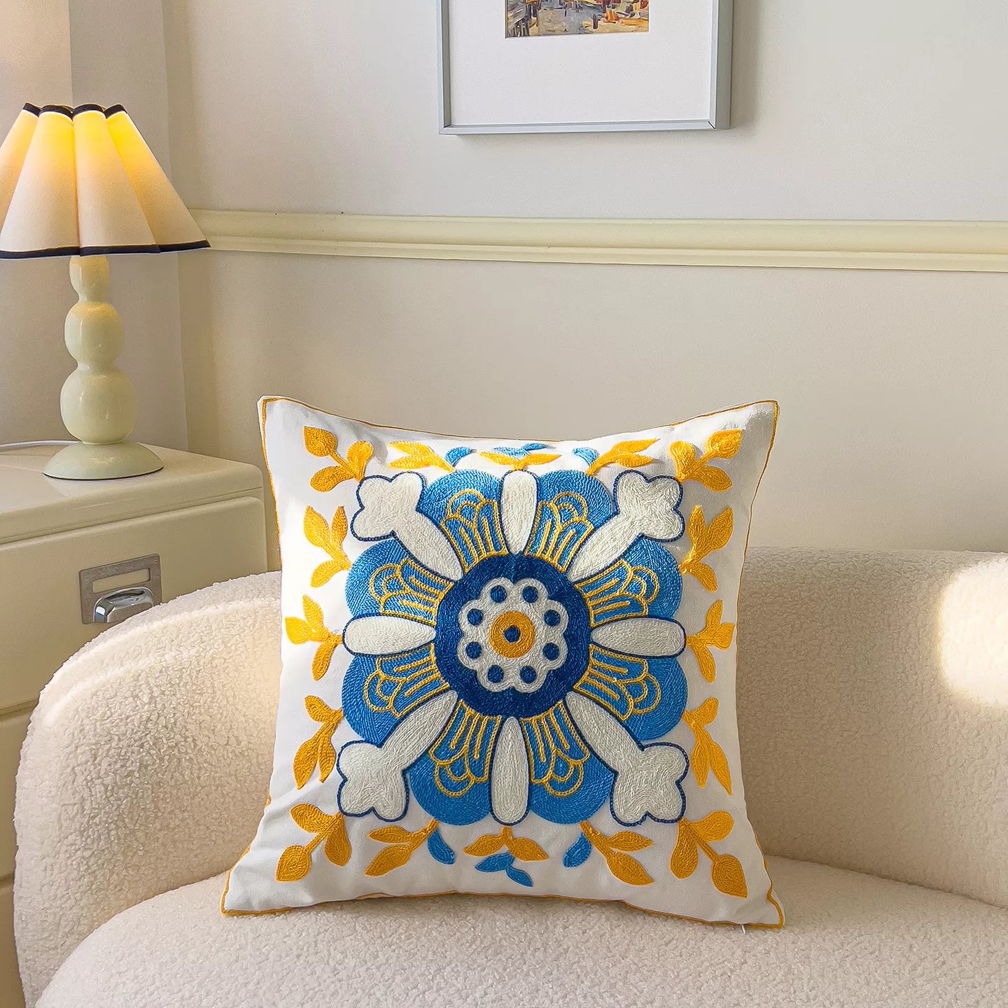 Floral Embroidered Cotton Pillow Cover 18×18 Inch – Cozy Decorative Cushion Case