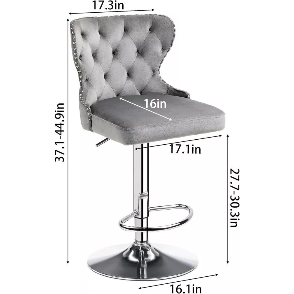 Set of 2 Adjustable Velvet Swivel Bar Stools with Nailhead Trim and Silver Footrest - DSARD