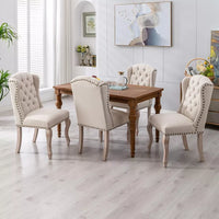 Set of 4 Wingback Tufted Upholstered Dining Chairs with Wood Legs – Linen Fabric - DSARD