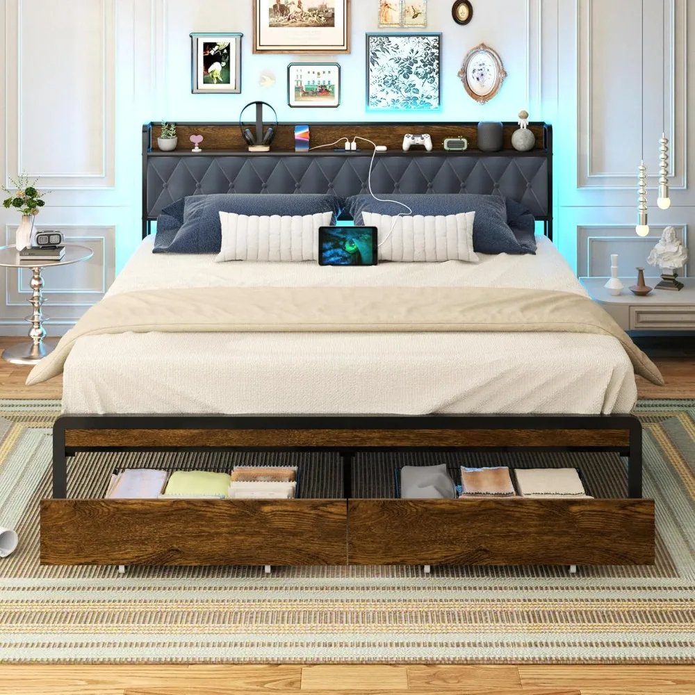 King Size Platform Bed Frame with Drawers, LED Lights & Charging Station - DSARD