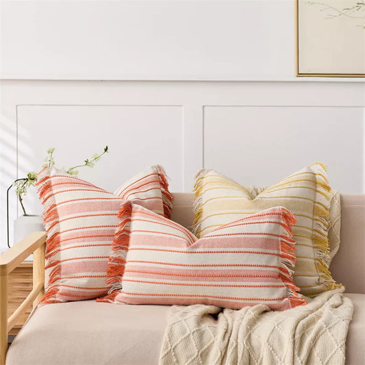 Striped Jacquard Tassel Pillow Cover – Cozy Cotton Blend Cushion for Home Décor