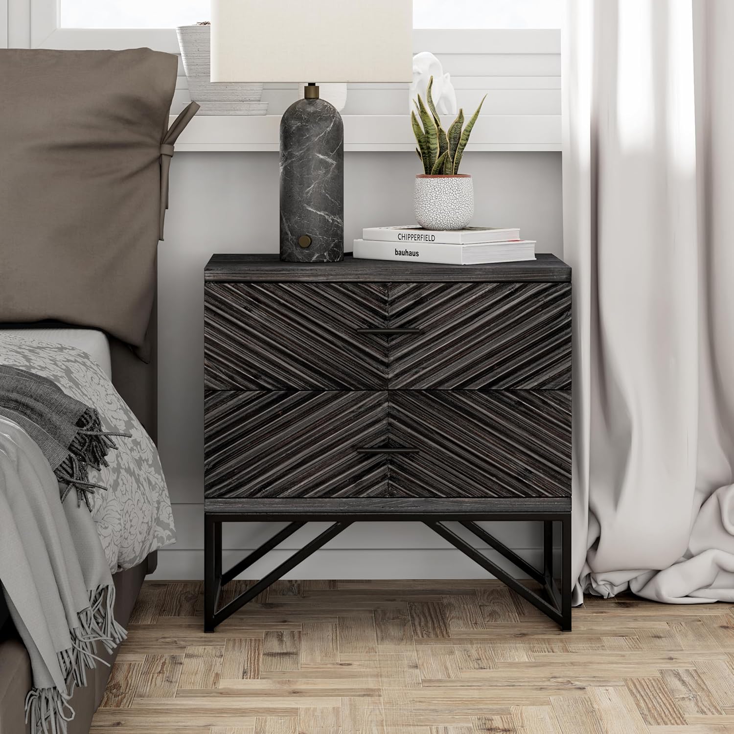 Set of 2 Modern 2-Drawer Premium Nightstands with Black Metal Base