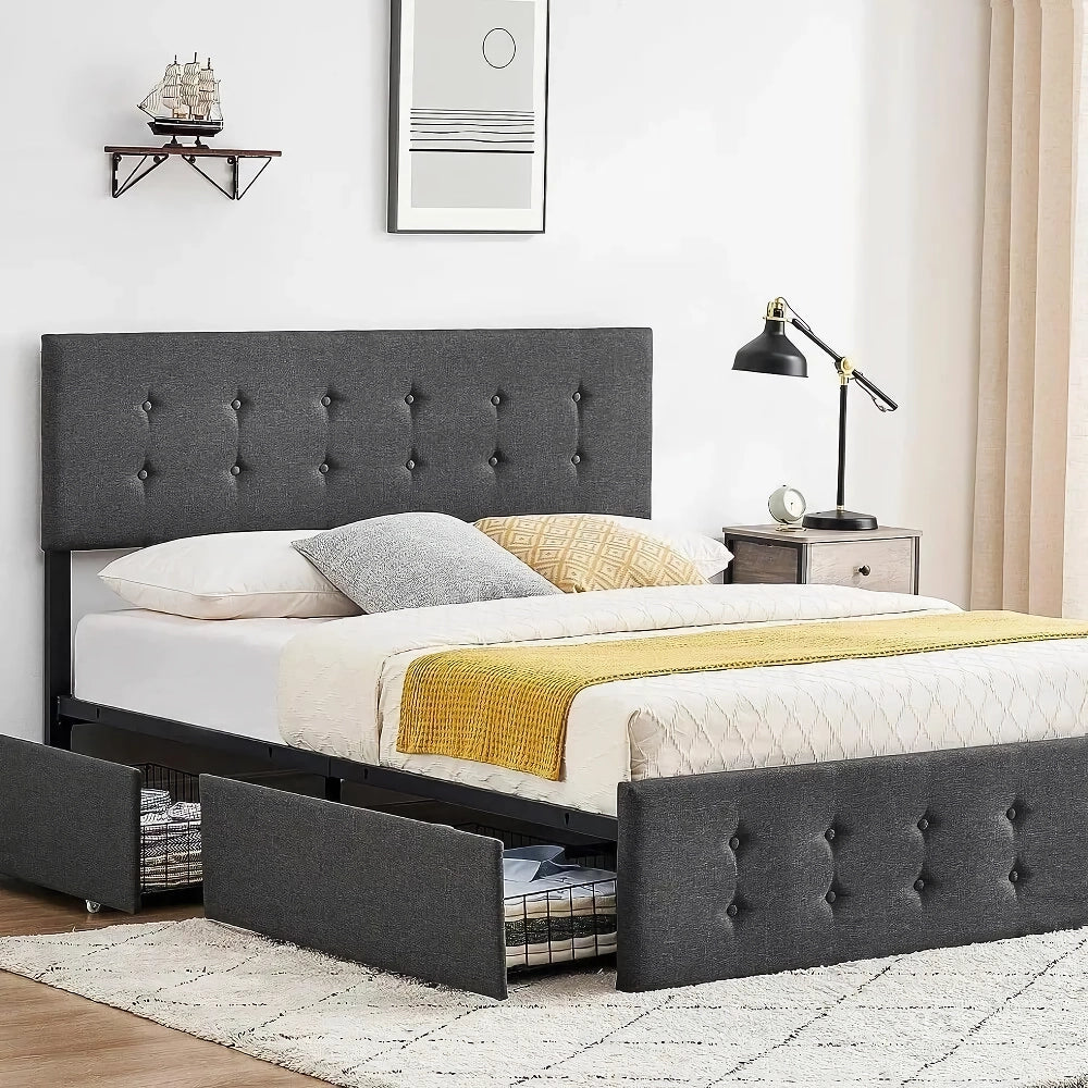 Full Size Upholstered Bed Frame with Storage Drawers & Adjustable Headboard - DSARD