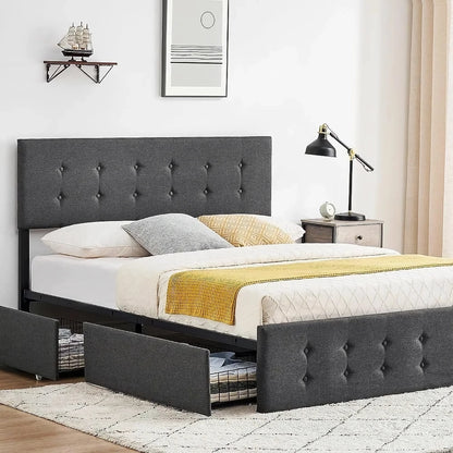 Full Size Upholstered Bed Frame with Storage Drawers & Adjustable Headboard - DSARD