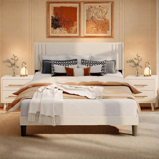 Modern Queen Bedroom Furniture Set with Wingback Bed Frame and 2 Premium Nightstands