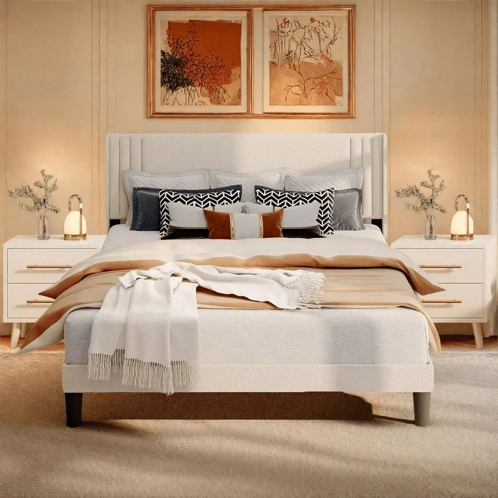 Modern Queen Bedroom Furniture Set with Wingback Bed Frame and 2 Nightstands - DSARD