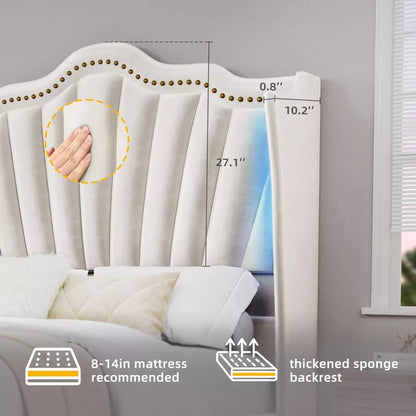 King Size Velvet Platform Bed Frame with 60″ Tall Headboard & LED Lights - DSARD
