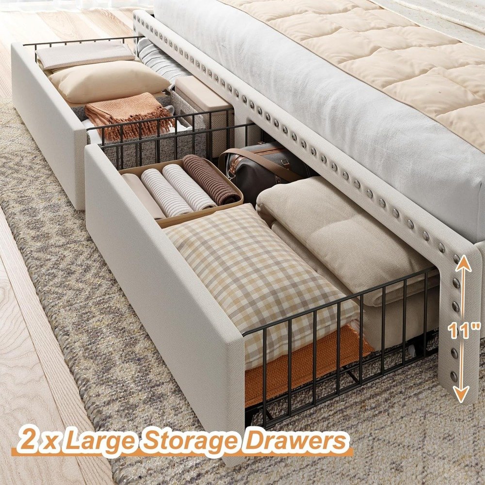 King Platform Bed with Storage Drawers & Tall Upholstered Headboard