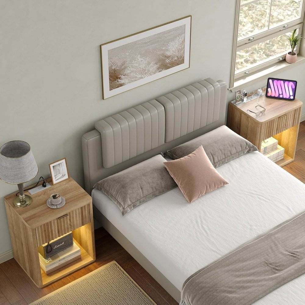Set of 2 LED Premium Nightstands with Drawer and Charging Ports