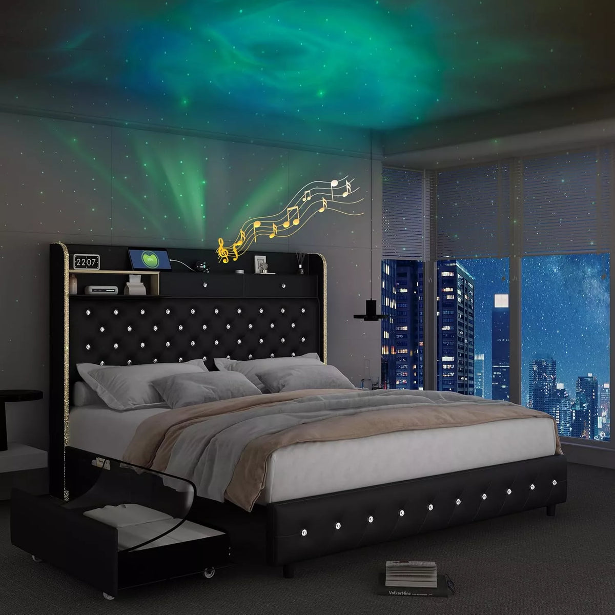 Queen LED Bed Frame with Galaxy Projector, Storage Drawers & Tall Headboard - DSARD