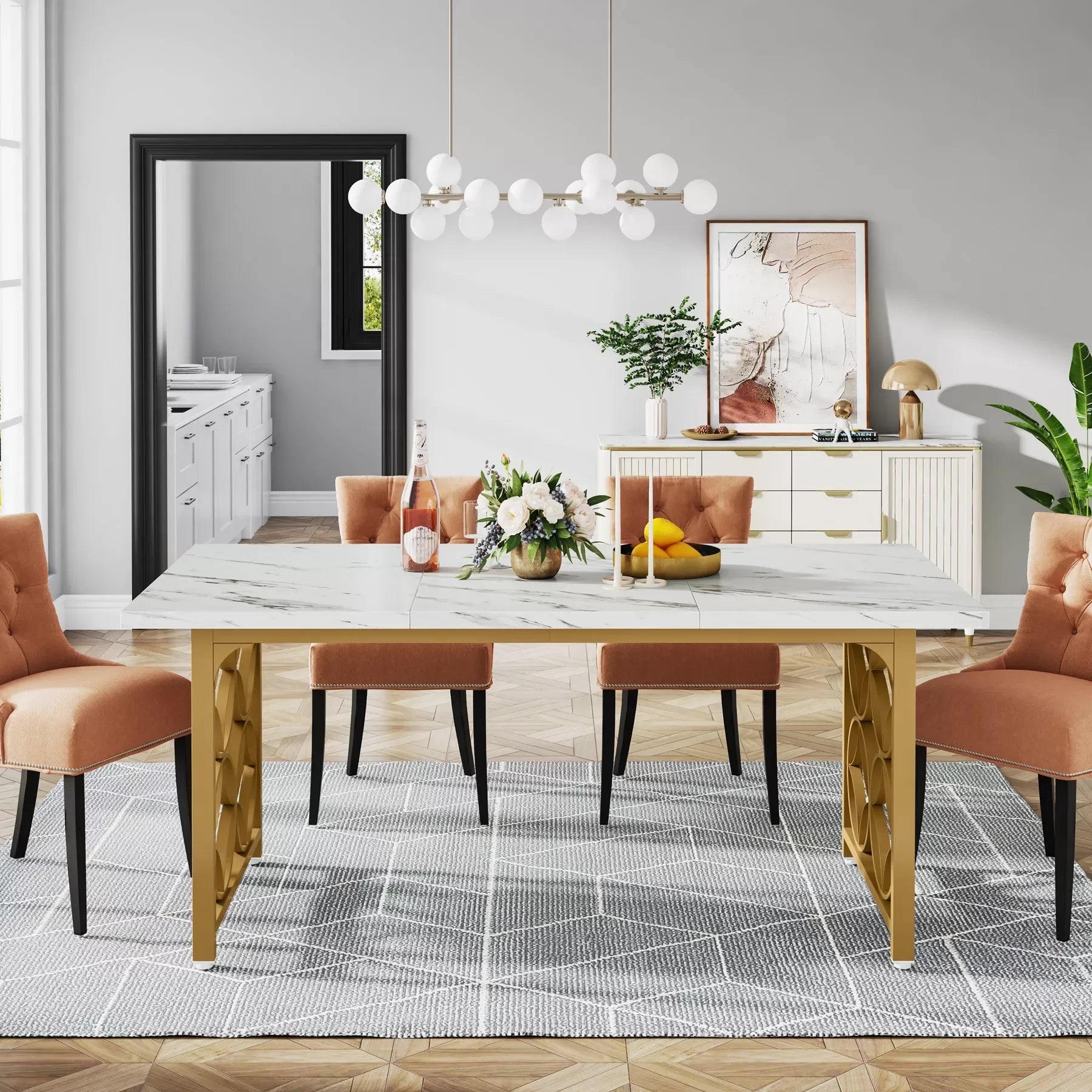 63-Inch Modern Marble Dining Table for 6, Rectangular Kitchen Table with Gold Frame - DSARD - DSARD