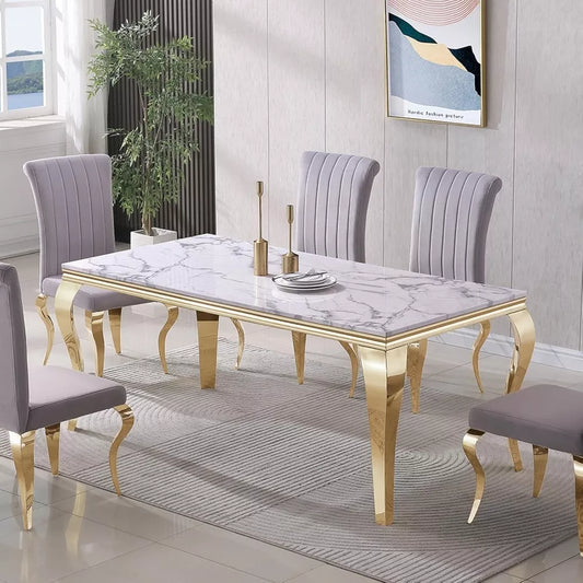 70″ Modern Faux Marble Dining Table for 6-8 People with S-Shaped Gold Base - DSARD