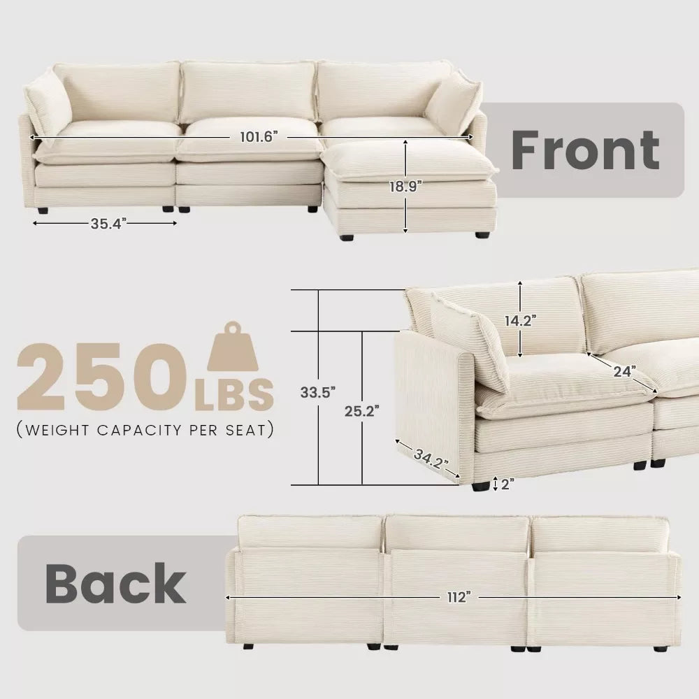 Oversized Modular Sectional Sofa with Movable Ottoman, 4-Seater L-Shaped Corduroy - DSARD