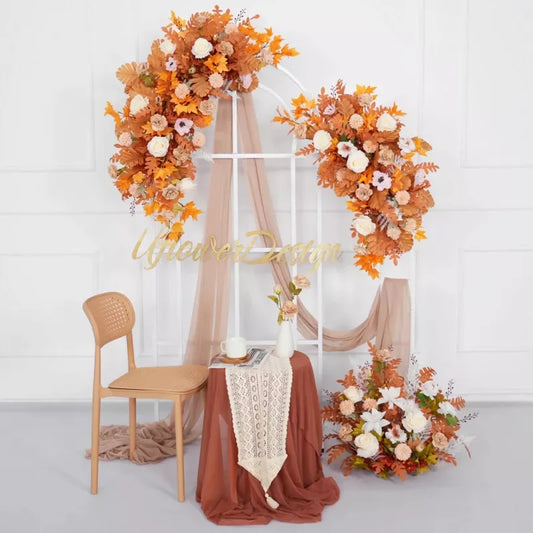 Orange Rose & Maple Leaf Luxury Artificial Flower Row for Wedding Arches & Party Décor