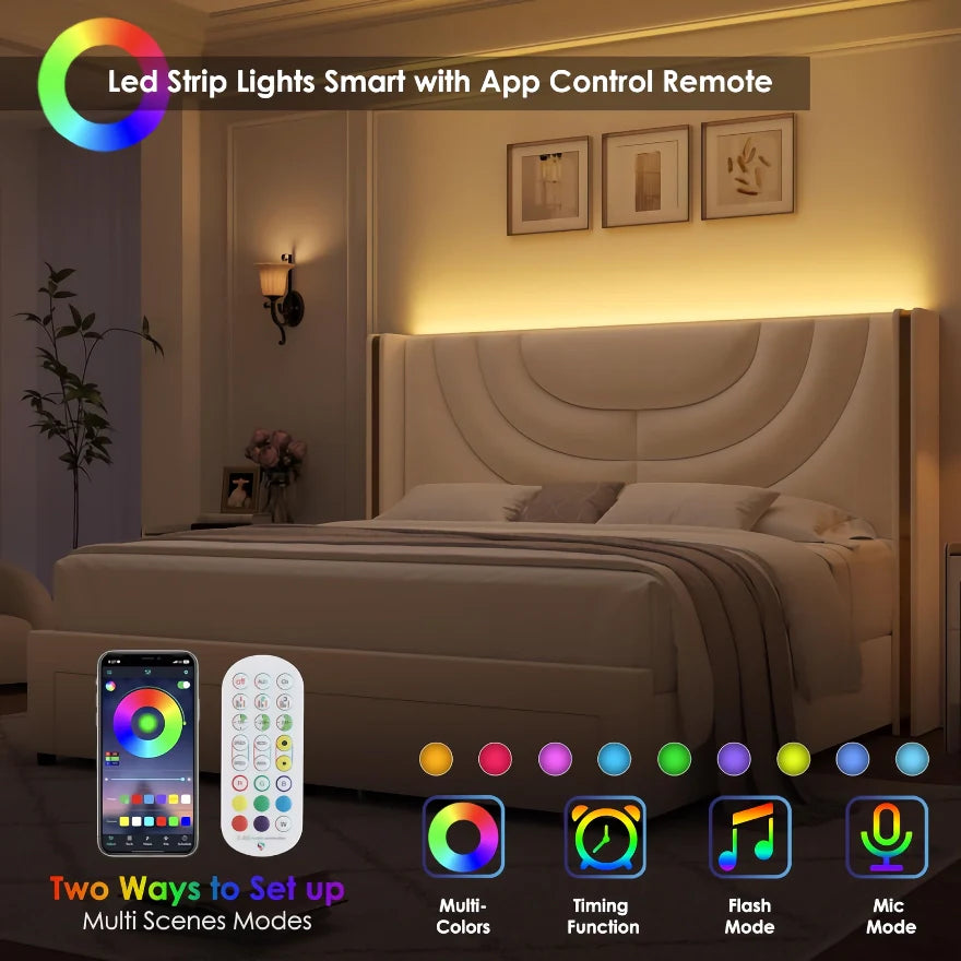 LED Bed Frame with Storage Drawers and Solid Wood Support - DSARD