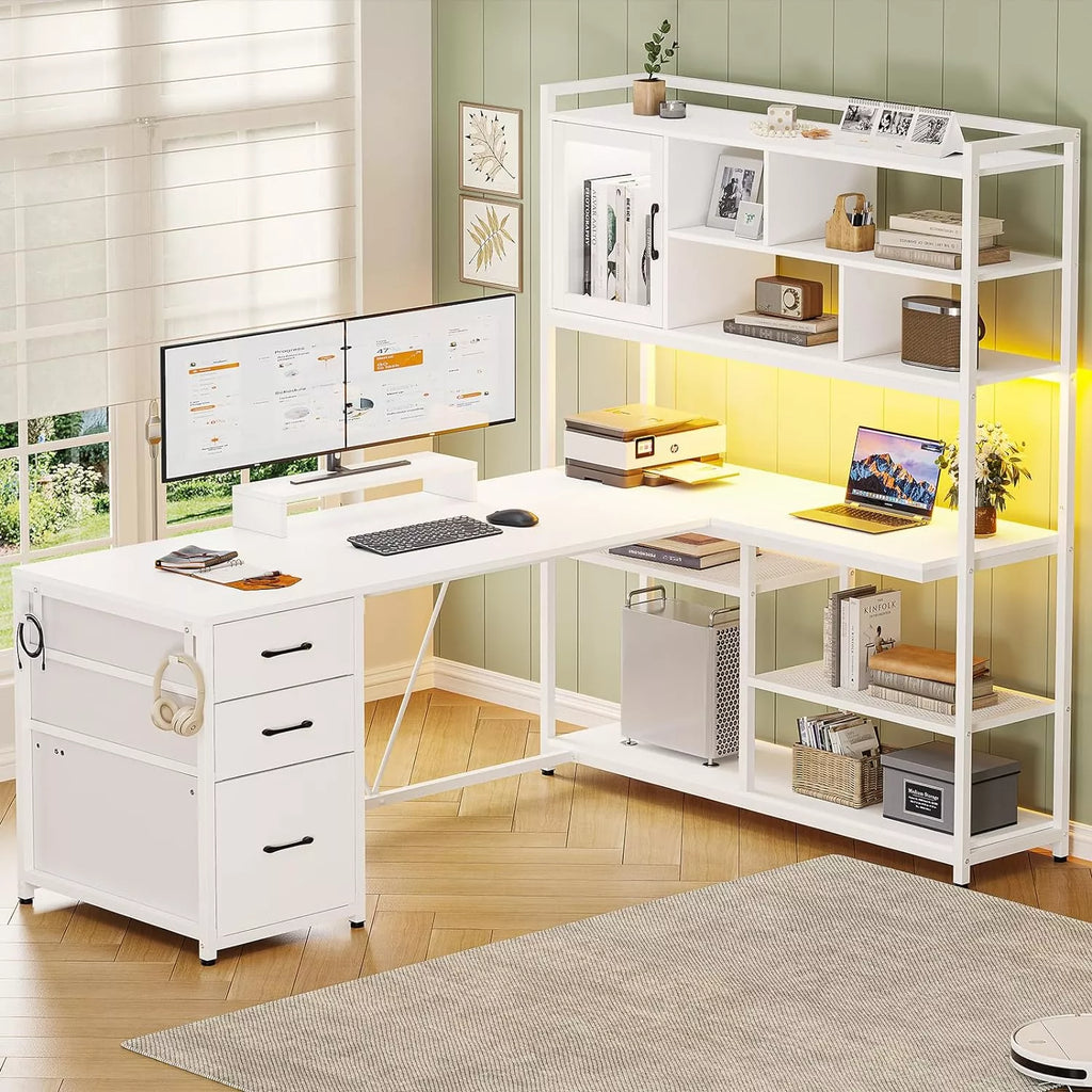 L Shaped Computer Desk with LED, 3 Drawers, Bookshelf & Storage Shelves - DSARD